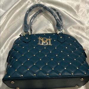Badgley Mischka Teal blue quilted studded bowlers bag